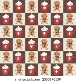 Seamless vector pattern with gingerbread men and cocoa mugs on a geometric chocolate-colored grid background. A cozy, festive design perfect for holiday wrapping, cards, and seasonal decor