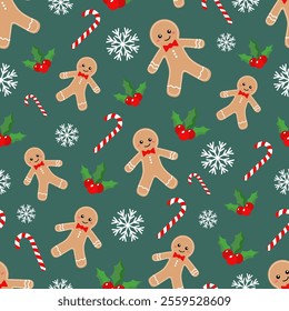 Seamless vector pattern with gingerbread men, snowflakes and candy canes on a turquoise background