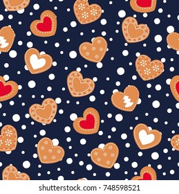Seamless vector pattern. Gingerbread Xmas different hearts pattern on the dark blue with white dots background.
