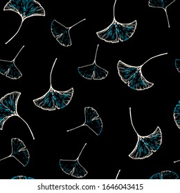 Seamless vector pattern with ginkgo biloba leaves on black background.