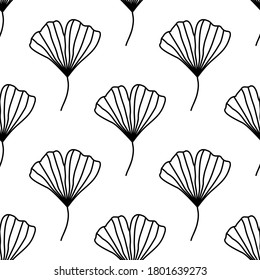 Seamless vector pattern with ginkgo biloba leaves isolated on white background. Botanical monochrome background