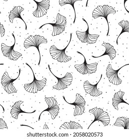 Seamless vector pattern with ginkgo biloba leaves. Botanical black and white background. Doodle plants Isolated on white background.