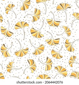 Seamless vector pattern with ginkgo biloba leaves and dots. Botanical beige background. Doodle plants Isolated on white background.	