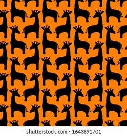 Seamless vector pattern of giraffe. Black silhouettes on orange background