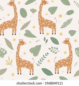 Seamless vector pattern with giraffe, flowers, leaves. African animal cartoon character. Jungle, rainforest, savanna fauna. For the design of textiles, wrapping paper, wallpaper.