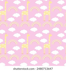 Seamless vector pattern with giraffes, clouds and rainbows on a pink background.