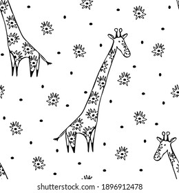 Seamless vector pattern with giraffes on white background. Outlined animal wallpaper design for children. Hand drawn African wildlife fashion textile.