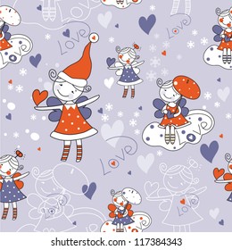 Seamless vector pattern with girl with angel wings in christmas style