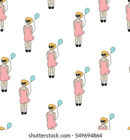 Seamless vector pattern with girl with a Balloon. Textile, ceramics, print, fabric, wrapping, cards