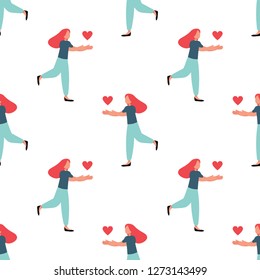Seamless vector pattern with girl with heart in her arms. Simple sryle illstration for Valentines Day in soft colours.