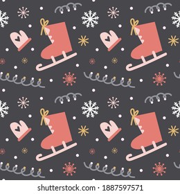 Seamless vector pattern in girl palette with snowmans, snowflakes, christmas tree and presents. Lovely print for children wallpapers, wrapping paper or textile.