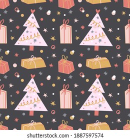 Seamless vector pattern in girl palette with snowmans, snowflakes, christmas tree and presents. Lovely print for children wallpapers, wrapping paper or textile.