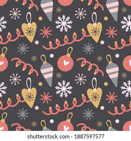 Seamless vector pattern in girl palette with snowmans, snowflakes, christmas tree and presents. Lovely print for children wallpapers, wrapping paper or textile.