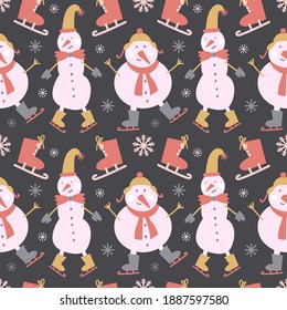 Seamless vector pattern in girl palette with snowmans, snowflakes, christmas tree and presents. Lovely print for children wallpapers, wrapping paper or textile.