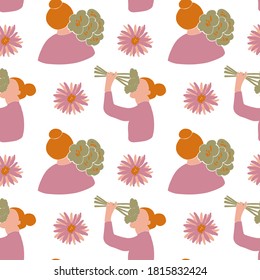 Patrón vectorial sin foco con niñas y flores sobre fondo blanco perfecto para envolver el diseño textil de papel y mucho más. La belleza de las mujeres repite el patrón para el diseño del día de las mujeres   