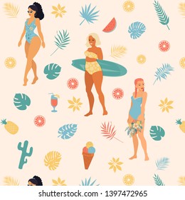 Seamless vector pattern girls on the beach, palm trees, flowers, fruits, ice cream