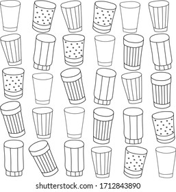 seamless vector pattern with glass, black on white background, isolated, with drawings, various shapes, Doodle style. suitable for fabric, packaging, and coloring pages