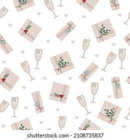 Seamless vector pattern. A glass of champagne, gifts, hearts. Elements for design for valentine's day