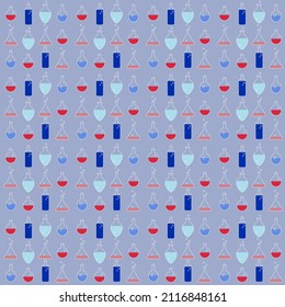 Seamless vector pattern with glass chemical bottles with different color liquid on a lilac background. Chemistry, witchkraft, magic. Potion. Flat simple texture