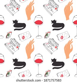 Seamless vector pattern with a glass of wine, a black cat, a book, green eyes and a trace of lipstick on a napkin. An independent woman alone at home. Design for prints, cards, textiles and more.