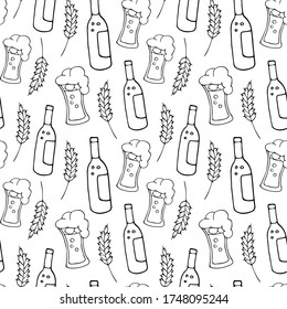 Seamless vector pattern with glasses of beer, ears of wheat in doodle style.  Traditional german beer holiday in october. Hand drawn pattern for menu, poster,  flyer, wallpaper.