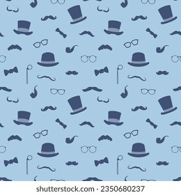 Seamless vector pattern with glasses, bowler hat, mustaches, bow tie and smoking pipe. Decorative flat masquerade elements. Gentleman hipster fashion vintage accessories on blue background