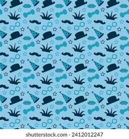 Seamless vector pattern with glasses, cap, hat, tie and crown. Decorative flat masquerade elements. Gentleman hipster fashionable vintage accessories on blue background