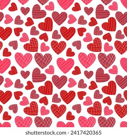 Seamless vector pattern of glazed candies in the shape of red and pink hearts on a white background for packaging, fabric, wallpaper for the holidays Valentine's Day, wedding, birthday