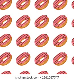 Seamless vector pattern with glazed pink donuts isolated on white. Sweet Pattern can be used for wallpaper, web page, surface textures, package. Food design