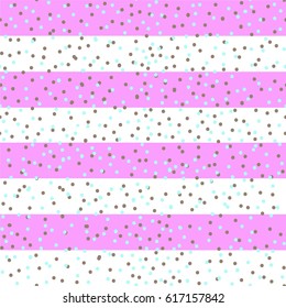  Seamless vector pattern with glittering dots on pink and white stripes. Bright holidays background with colored dots.