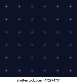 Seamless vector pattern of glowing blue dots on a dark background. Luminous design element.