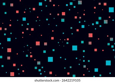 Seamless vector pattern with glowing pixel squares in red and cyan on a dark background. Futuristic, matrix-inspired print networks, digital flow, cyber data, wrapping paper