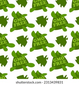 Seamless vector pattern GMO FREE. Non-GMO, organic, eco-friendly, clean, natural products. Color illustration, shades of green. Printing on textiles and paper, for posters, packaging of goods