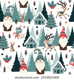 Seamless vector pattern with gnomes, fir trees, snowmen, rabbits, deer, gingerbread houses, winter forest, branches, cocoa lollipop, and berries on blue background for christmas and new year holiday