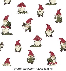 Seamless vector pattern with gnomes on white background. Simple hand drawn elf wallpaper design. Decorative festive fashion textile.