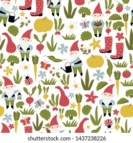 Seamless vector pattern with gnomes and vegetables.