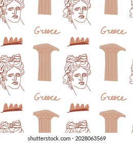Seamless vector pattern with the gods of Ancient Greece in beige,brown.Repeating Antique ornament hand drawn on white background.Designs for textiles,web,social media,packaging,wrapping paper,fabric.