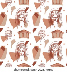 Seamless vector pattern with the gods of Ancient Greece in beige,brown.Repeating Antique ornament hand drawn on white background.Designs for textiles,web,social media,packaging,wrapping paper,fabric.