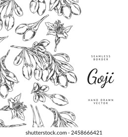 Seamless vector pattern of Goji branches, berries, and flowers in a detailed line art style, ideal for wellness and culinary themes.