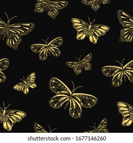 Seamless vector pattern with gold butterflies. Suitable for packaging, fabrics, wallpapers and simple colorings. 