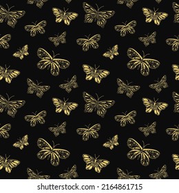 Patrón vectorial sin foco con mariposas doradas. Apropiado para el embalaje, los tejidos, los papeles pintados y los colores sencillos. 