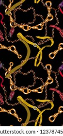 Seamless vector pattern with gold chains, braid belts on black background. Perfect for textile design.