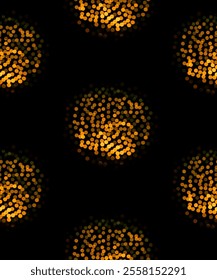 Seamless Vector Pattern With Gold Circles Made of Bokeh Spots. Big Gold Glittering Dots on a Black Background. Abstract Dotted Repeatable Print. RGB.