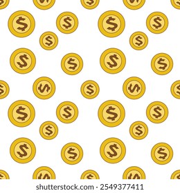 Seamless vector pattern with gold coins money in cartoon style on transparent background