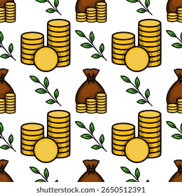 Padrão de vetor contínuo de moedas de ouro pilhas, sacos de dinheiro e folhas verdes, ilustrando o crescimento da riqueza e a prosperidade financeira.