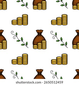 Padrão de vetor contínuo de moedas de ouro pilhas e sacos de dinheiro com folhas verdes, criando uma ilustração estilizada de riqueza e crescimento.