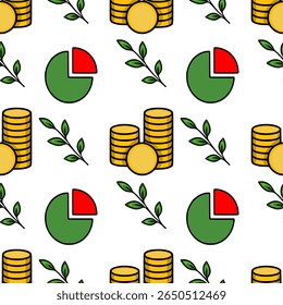 Seamless vector pattern of gold coins stacks, pie charts, and green leaves, illustrating financial growth and prosperity with a minimalistic design.