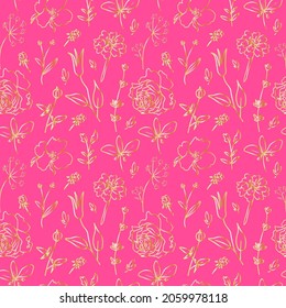 Patrón vectorial sin foco con flores doradas sobre fondo rosa glamoroso. Repitiendo, verano, mano brillante dibujada en forma de doodle.Diseño para textiles, tela, papel de envoltura, papel de rayado, embalaje.
