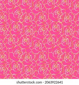 Seamless vector pattern with gold flowers on glamorous pink background. Repeating, summer, bright hand drawn in doodle style.Design for textiles, fabric,wrapping paper, scrapbook paper, packaging.