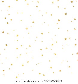 Seamless vector pattern with gold foil stars on white. Hand Drawn doodle stars. Starry sky background. Golden metallic Festive Background. Falling stars. 